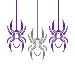 Three stylized spiders hanging on threads purple and gray vector