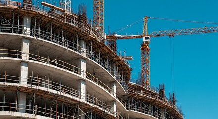 Fototapeta premium Construction site with crane and unfinished building against a clear sky