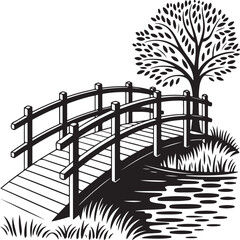Fototapeta premium Serene Landscape with Wooden Bridge, Tree, and Water Vector Illustration Art