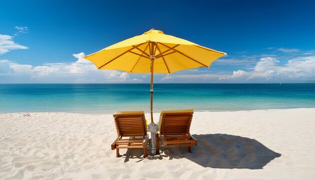 relaxing beach scene with a yellow umbrella and lounge chair on a sunny day
