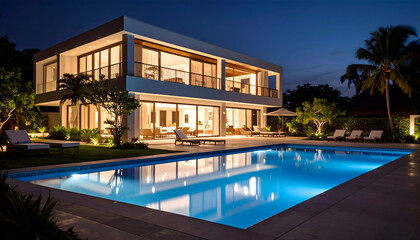 Fototapeta premium Modern Luxury Villa Exterior Illuminated At Night Showing Swimming Pool And Water Reflection With Garden And Palm Trees