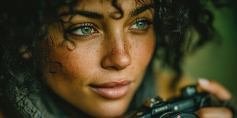 Young woman with curly hair holds camera, focused on capturing a moment during a soft-lit outdoor setting