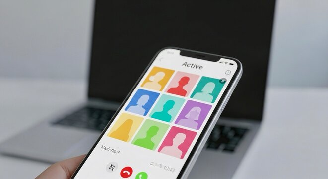 Smartphone with video call interface open, laptop in background, no faces shown.