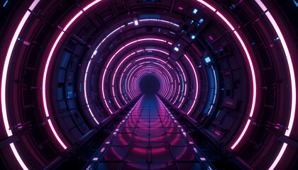 Step into the future with this stunning neon-lit sci-fi tunnel, perfect for tech and innovation visuals