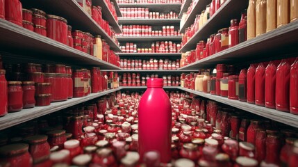 Color coordinated product shelf in vibrant red aisle for retail marketing branding organization concept commercial store photography symmetry pattern