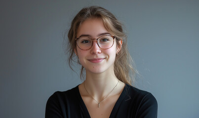 Person wearing a black V-neck top with a simple gold necklace, standing against a plain gray background in a minimalistic setting