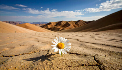 Close Up View Of A Daisy Flower Blooming In The Desert Landscape With The Sand Dunes Under The Sun Light