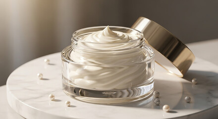 Close up of a jar of cream with gold lid and pearls on a marble surface in soft lighting studio shot © Muhammad