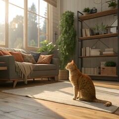 Naklejka premium Ginger cat sitting on floor in cozy living room. Interior decor
