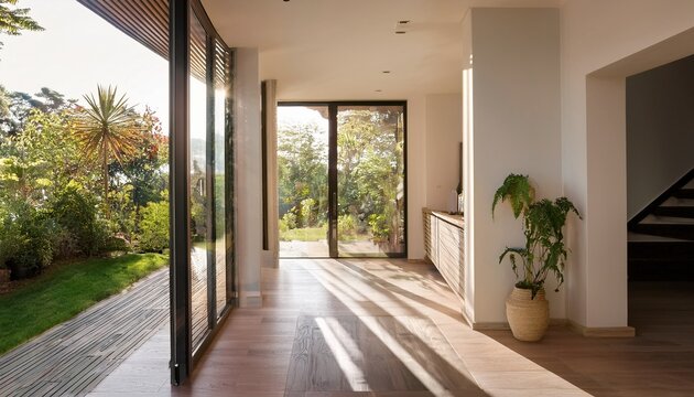 modern sunlit hallway with garden view interior design