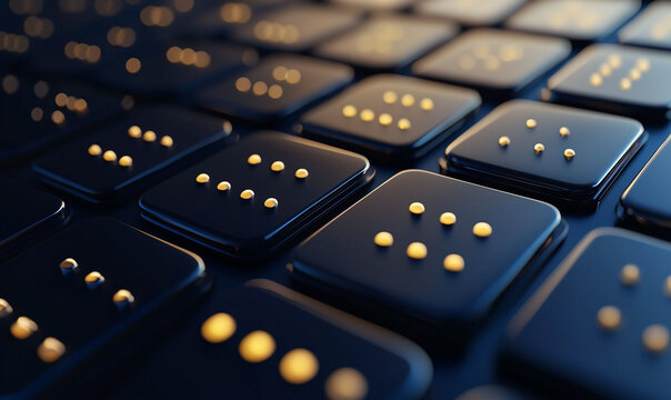 Black and gold Braille keyboard with illuminated dots, symbolizing accessibility and technology.