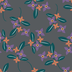 Seamless floral pattern, colorful ditsy print, abstract ornament in retro folk motif. Pretty decorative art botanical design of hand drawn large, small flowers, leaves, wild herbs. Vector illustration