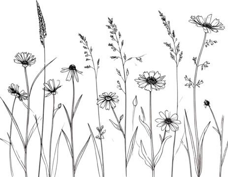 wild grass and flowers in black outline style  
