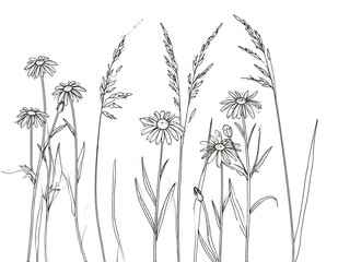 wild grass and flowers in black outline style