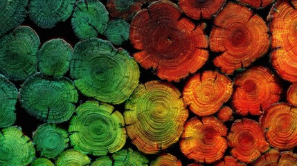 Close-up tree trunk cross-section with rainbow gradient rings (red-orange-yellow-green-blue), artistic surreal growth pattern for scientific visualization or creative designs.