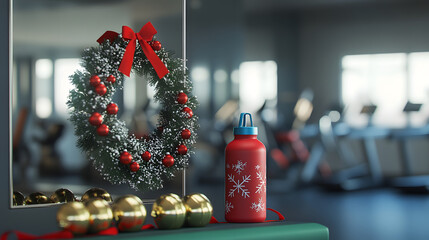 Christmas Wreath and Red Water Bottle in a Modern Gym Setting