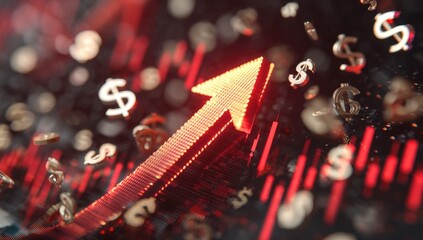 A glowing upward-pointing arrow, composed of tiny lights, surrounded by symbols of currency and financial data