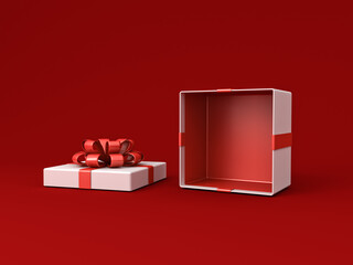 Blank open white gift box mockup showcase stand or opened present box tied with red ribbon bow isolated on dark red background with shadow minimal creative idea conceptual 3D rendering