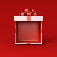 Blank white gift box mockup exhibition booth stand open or opened present box tied with red ribbon bow isolated on dark red background with shadow minimal creative idea conceptual 3D rendering