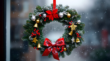 Decorative Christmas Wreath with Red Bows and Ornaments