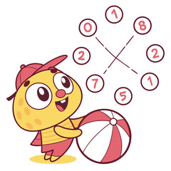 Naklejka premium Cartoon figure holds striped ball, numbers surround