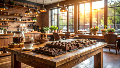 Rustic Wooden Table Displaying Rows Of Chocolate Treats Inside Cafe With Overhead Lighting And Large Windows