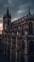 Fototapeta premium Gothic cathedral at twilight, moody clouds and detailed stonework