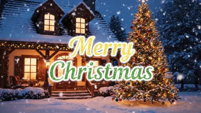 Merry Christmas animation text with house covered in snow ,festive decorations and wishes. Perfect for holiday greeting cards, winterthemed designs, and christmas promotions.