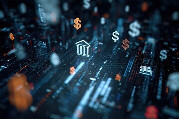 Abstract digital cityscape with financial symbols