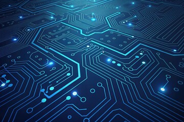 Abstract glowing blue circuit board pattern with intricate pathways and connections