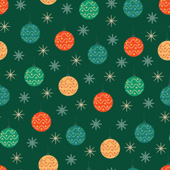 Christmas baubles and snowflakes vector seamless pattern. Holly jolly surface design of Xmas balls and snow crystals on green background