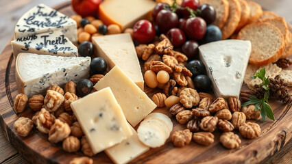 Various types of cheese and dried fruits snack food delicious