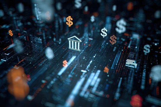 Abstract digital cityscape with financial symbols