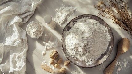Flour and kitchen tools on soft fabric background for baking photography recipe ingredients rustic food styling cooking composition visuals