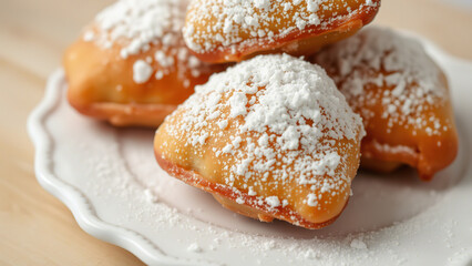 Delicious donuts on a plate beignets with sugar powder closeup detail food dessert snack