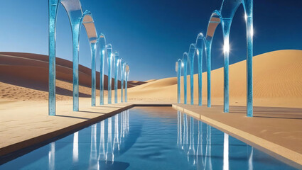 Futuristic Glass Arches in Desert with Reflective Pool