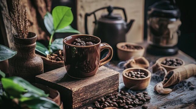 Rustic coffee setup with cup beans grinder on wooden surface for beverage branding product lifestyle photography vintage kitchen scene styling
