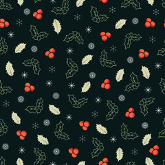 Christmas holly leaves vector seamless pattern. Holly jolly Xmas surface design of spiny laurel leaves and snowflakes on dark background