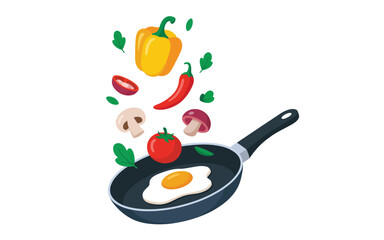 Fresh ingredients falling into a frying pan with fried egg