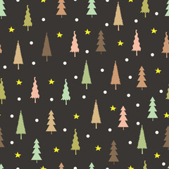 Christmas tree vector seamless pattern. Holly jolly Xmas surface design of pine trees, stars and polka dots on dark gray background