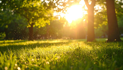 Sunlit Green Meadow Scene with Trees in a Park at Sunset with Bokeh Effect and Natural Light