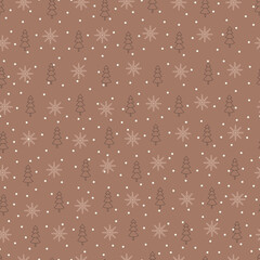 Monochromatic Christmas tree vector seamless pattern. Holly jolly Xmas surface design of pine trees, snowflakes and polka dots on coffee background