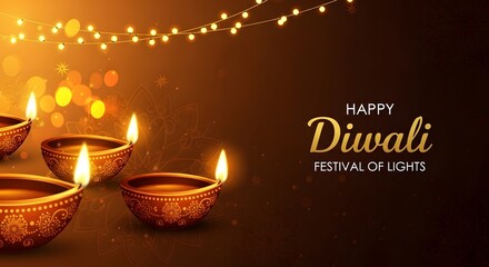 Happy diwali festival of lights with glowing diya oil lamps and decorative string lights, conveying joy and prosperity