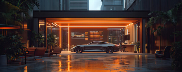 Modern Office Garage with Luxury Electric Car