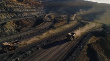 Drone shot of a massive gold mine with trucks moving along winding dirt roads, cinematic wide view