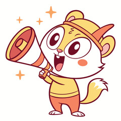 Naklejka premium Cartoon chipmunk shouts, uses a megaphone, winks and sparkles