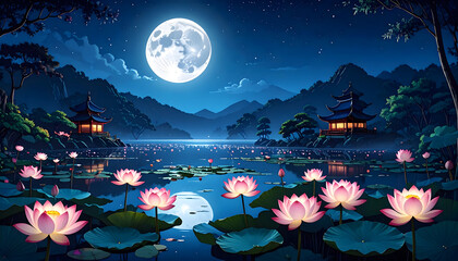 Pixelated Night Scene Lotus Flowers Floating on a Lake Illuminated by the Full Moon with Japanese Pagodas