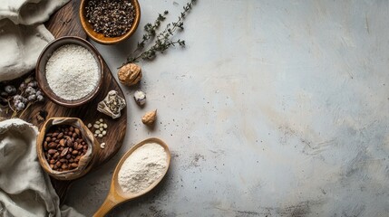 Natural food ingredients with grains flour and spices on stone background for rustic culinary photography product kitchen branding visuals