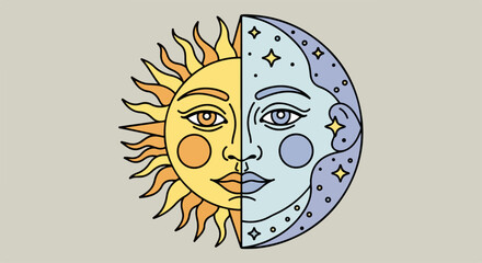Stylized Sun and Moon Celestial Faces with Cosmic Details.