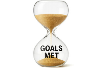 Hourglass with golden sand falling showing goals met on transparent background